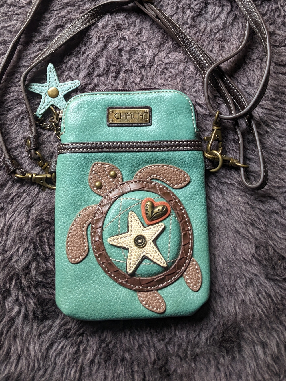 Chala Turquoise Crossbody Phone Bag with Turtle Appliqué